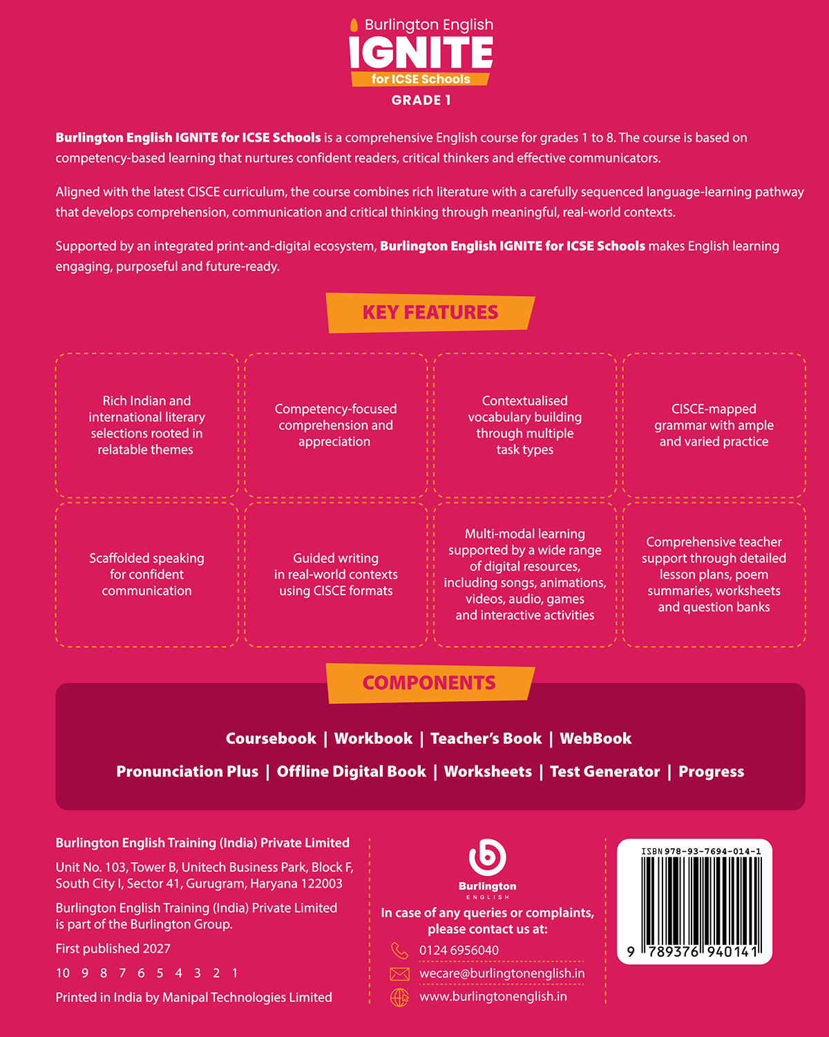 Burlington English IGNITE for ICSE Schools Coursebook Grade 1 back